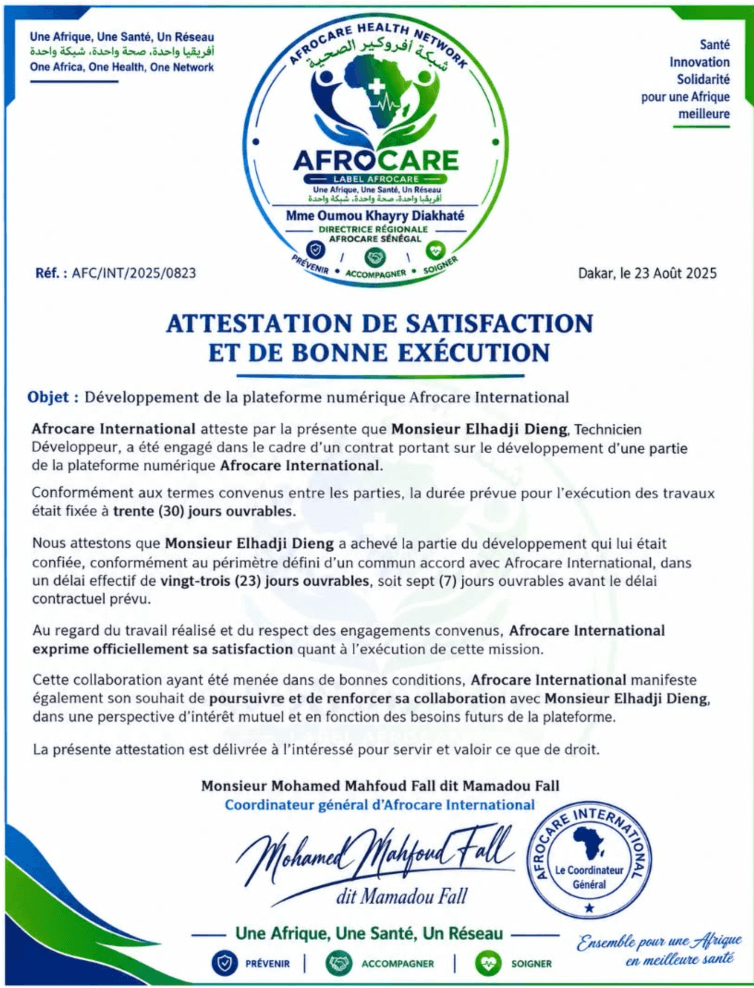 Attestation de satisfaction et de bonne exécution AFC/INT/2025/0823 — plateforme numérique Afrocare International
