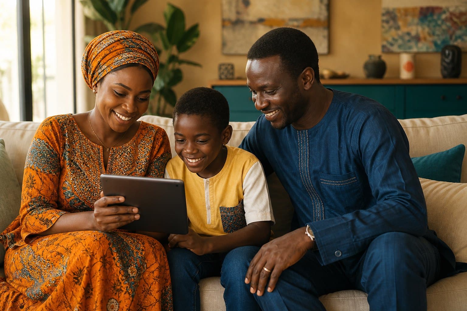 Famille consultant un suivi de santé sur une tablette