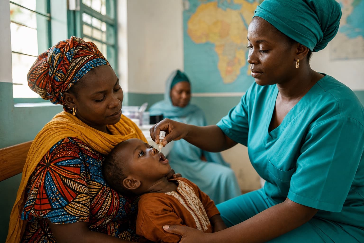 Vaccination orale d’un enfant dans un poste de santé en Afrique de l’Ouest