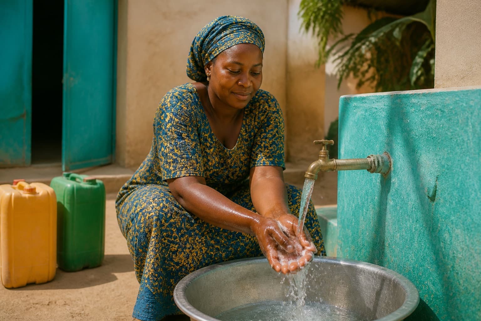 Lavage des mains au savon dans une cour au Sénégal, geste simple contre les maladies hydriques