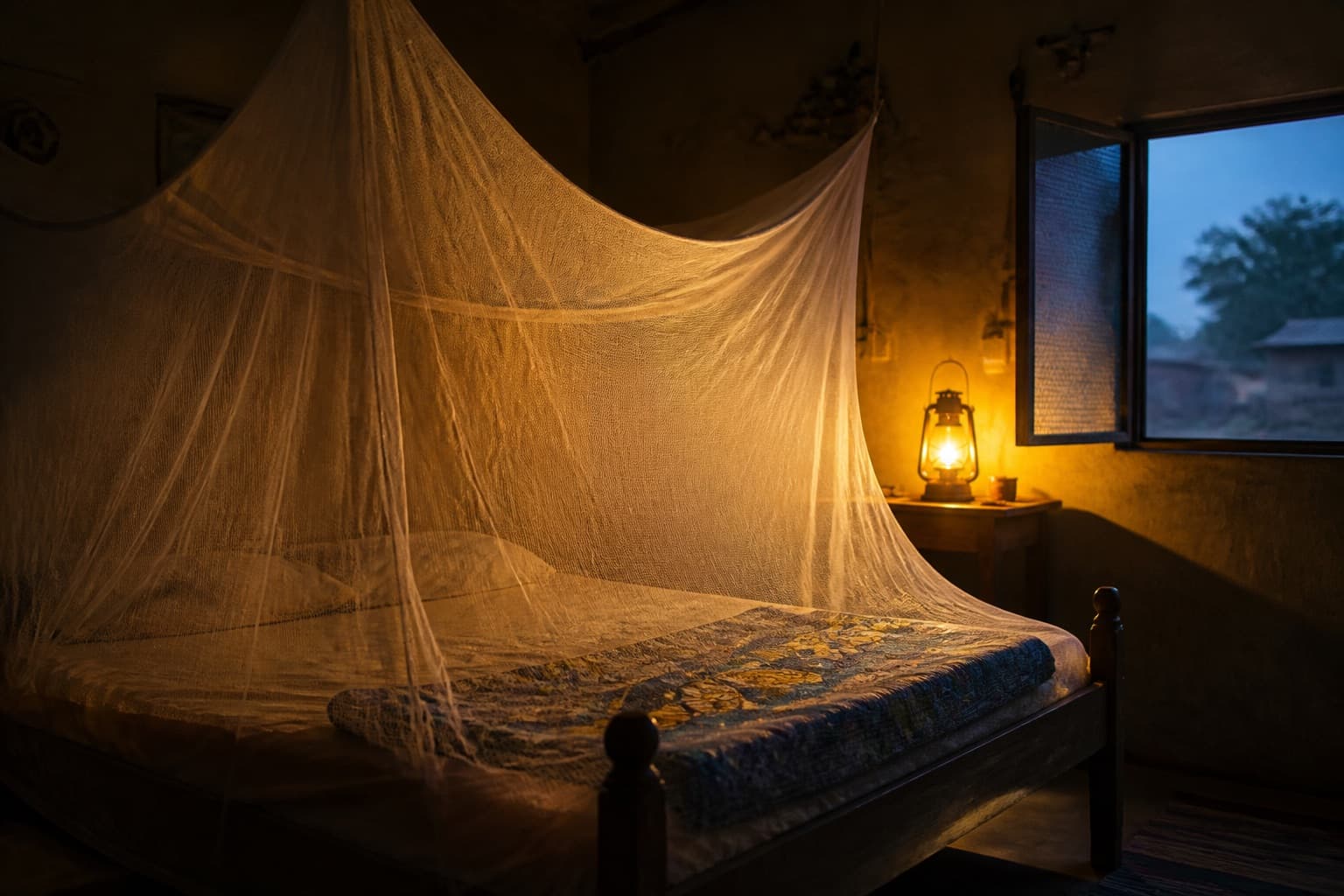 Moustiquaire imprégnée dans une chambre au Sénégal, geste essentiel pour prévenir le paludisme